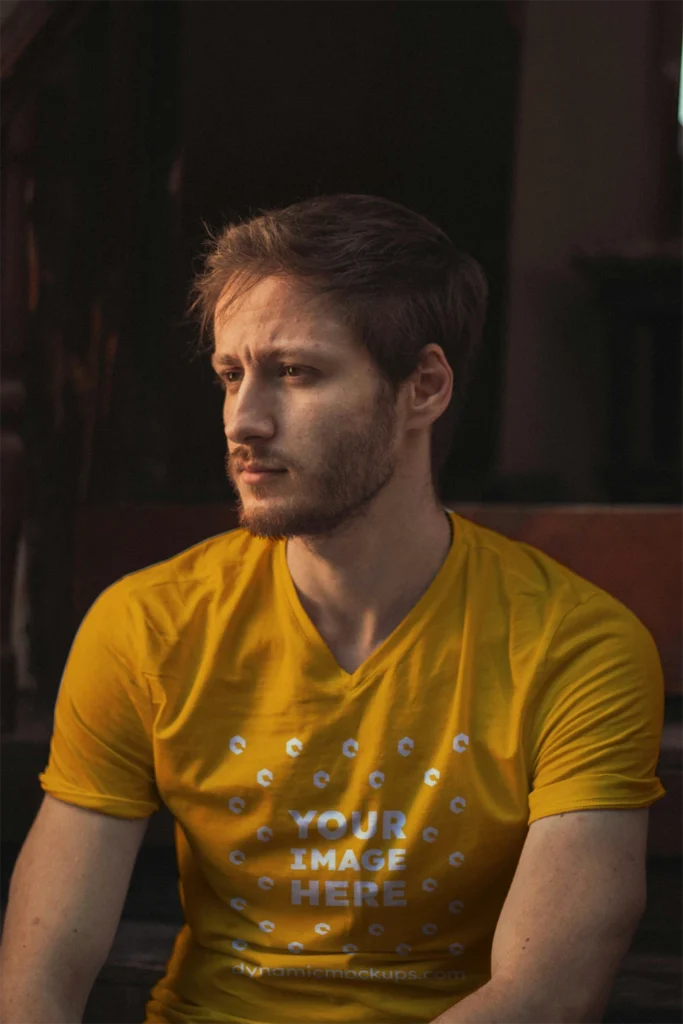 Man Wearing Orange T-shirt Mockup Front View Template