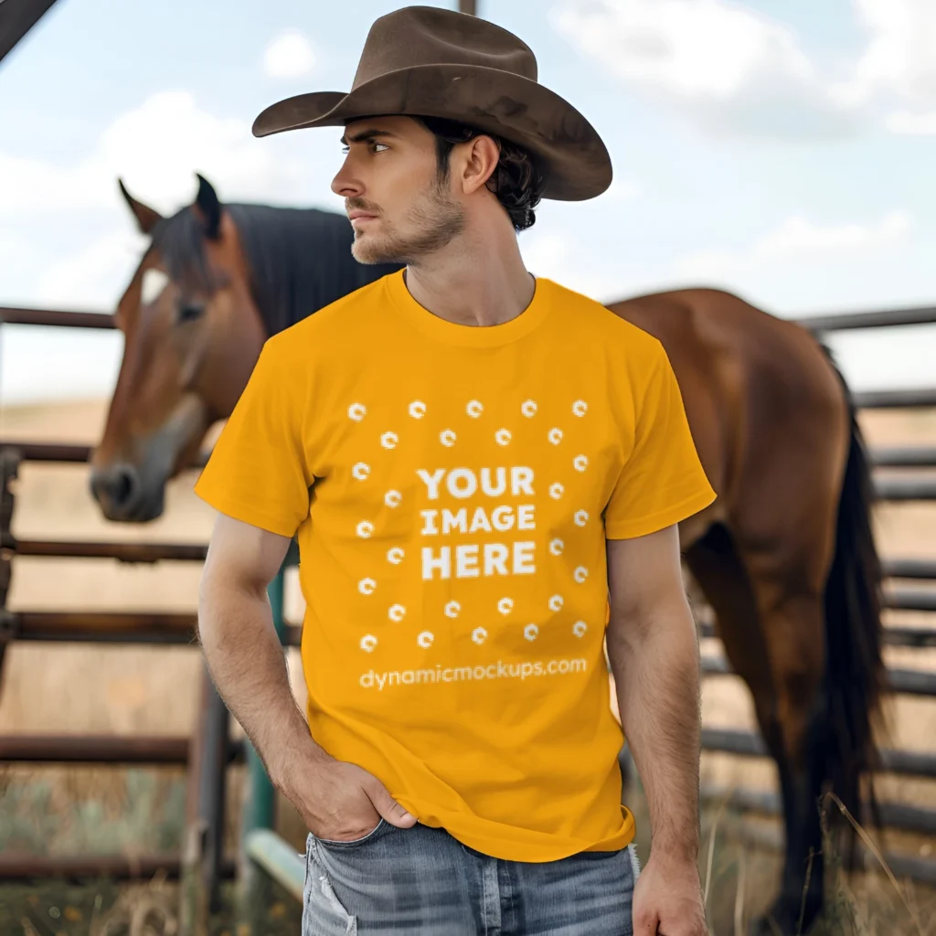 Man Wearing Orange T-shirt Mockup Front View Template