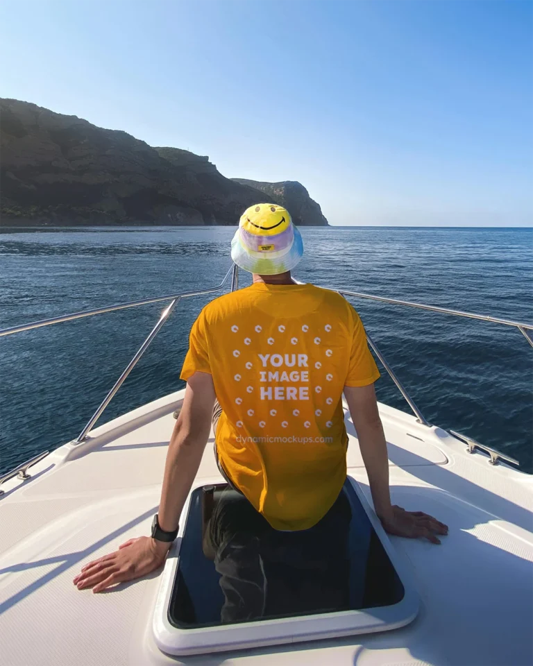 Man Wearing Orange T-shirt Mockup Back View Template