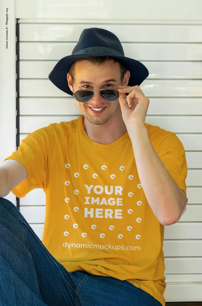 Man Wearing Orange T-shirt Mockup Front View Template