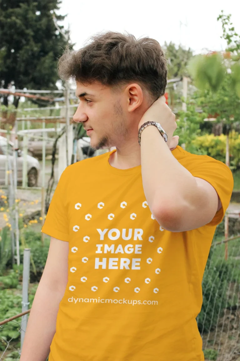 Man Wearing Orange T-shirt Mockup Front View Template