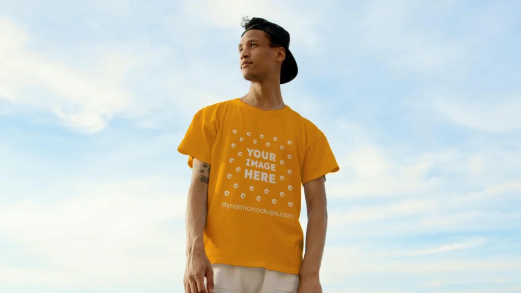 Man Wearing Orange T-shirt Mockup Front View Template