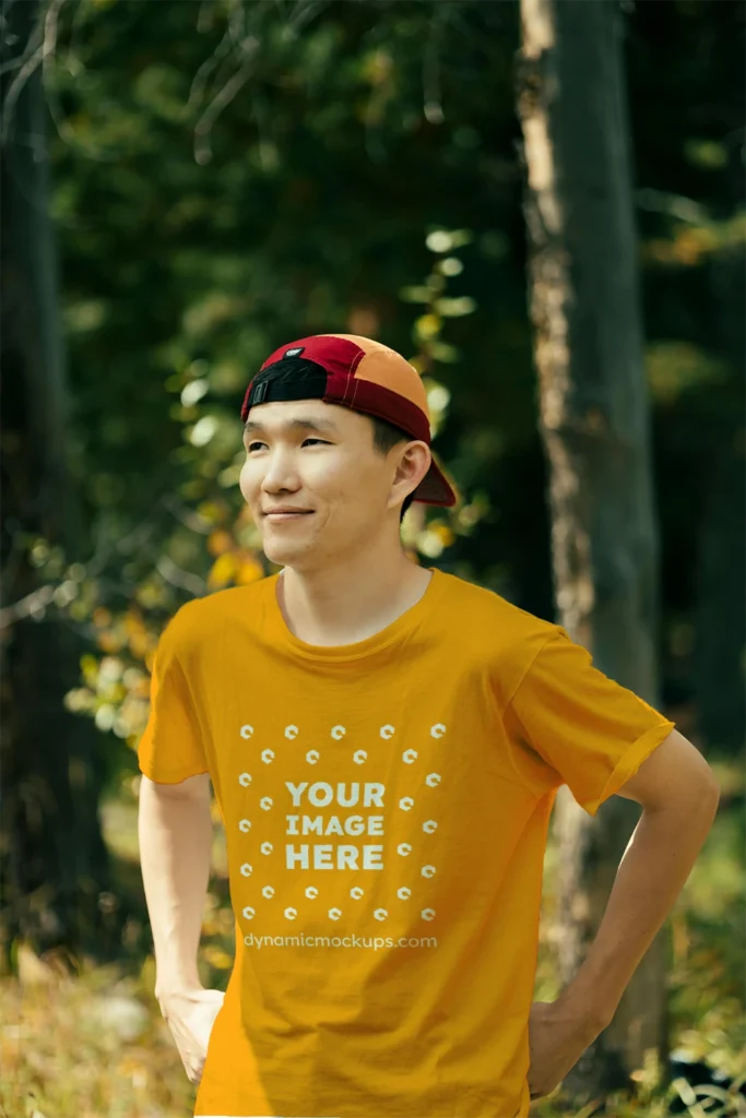 Man Wearing Orange T-shirt Mockup Front View Template