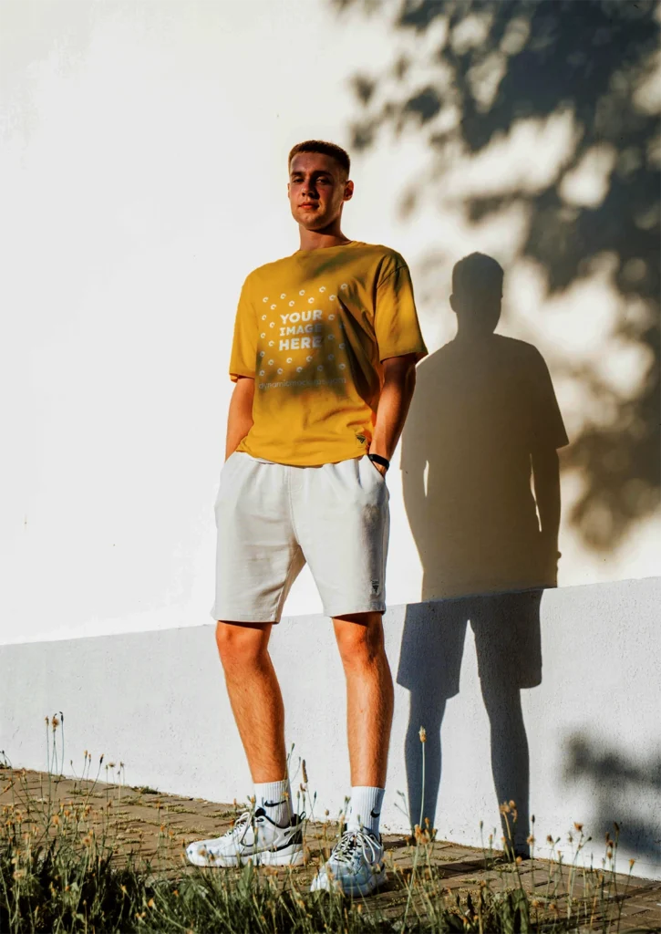 Man Wearing Orange T-shirt Mockup Front View Template