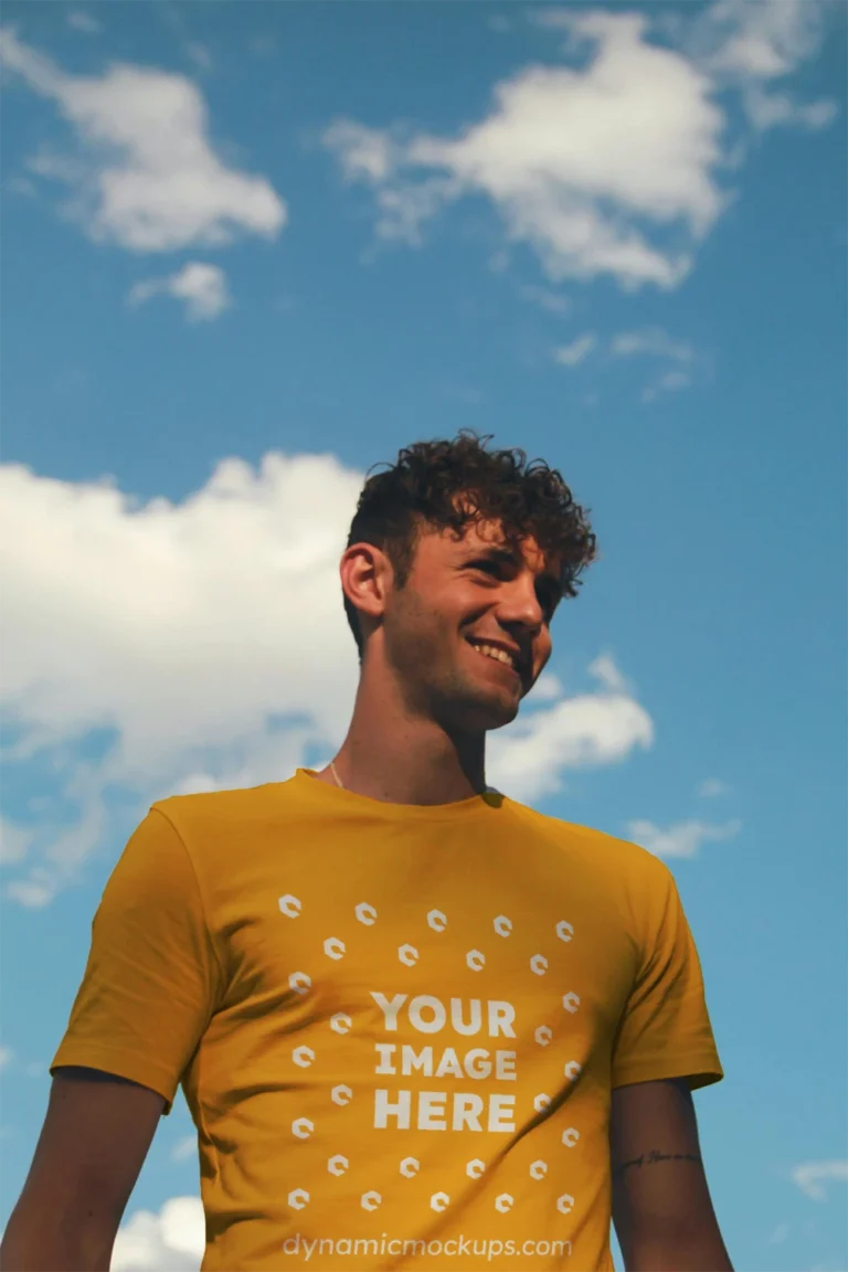 Man Wearing Orange T-shirt Mockup Front View Template