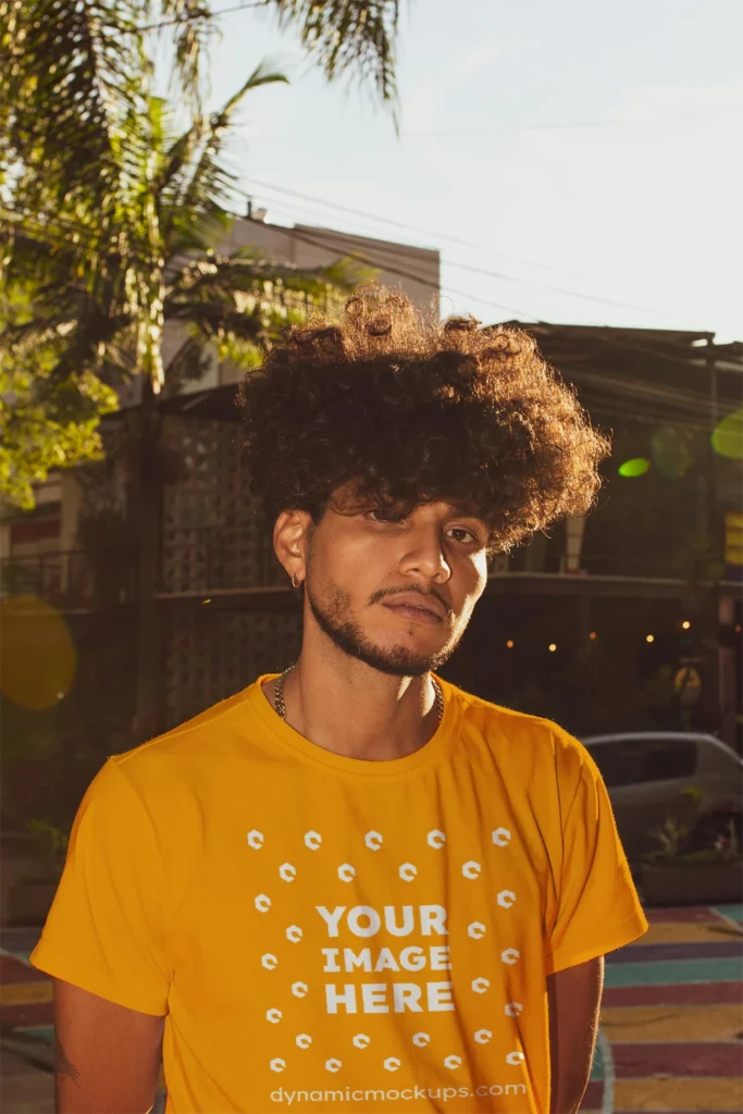 Man Wearing Orange T-shirt Mockup Front View Template