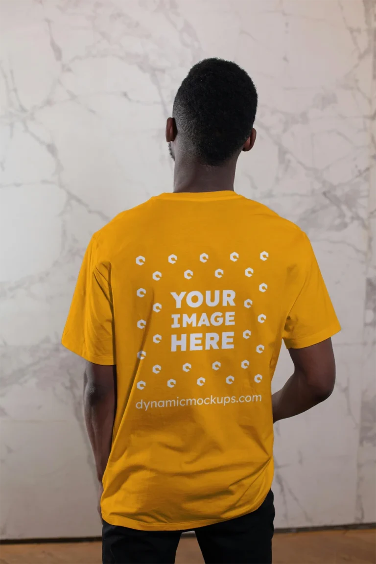 Man Wearing Orange T-shirt Mockup Back View Template