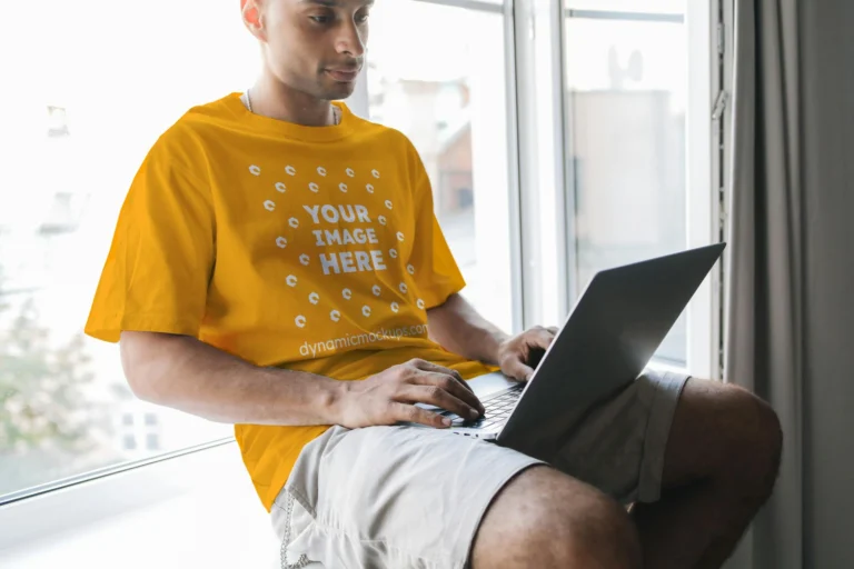 Man Wearing Orange T-shirt Mockup Front View Template