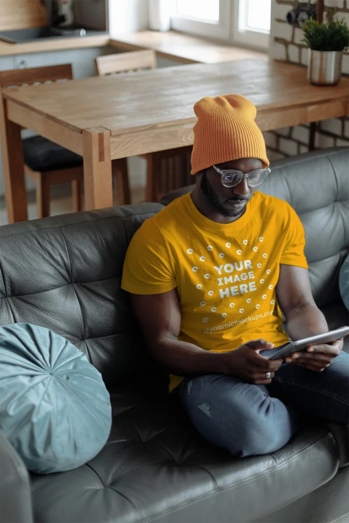 Man Wearing Orange T-shirt Mockup Front View Template