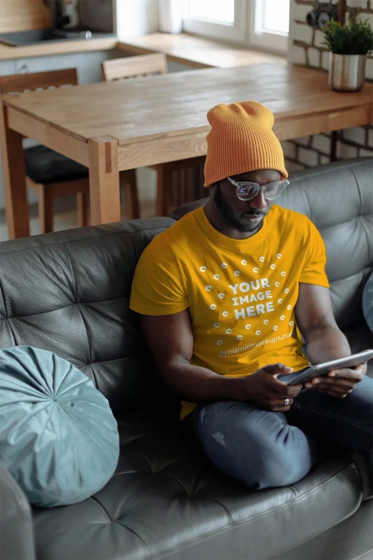 Man Wearing Orange T-shirt Mockup Front View Template