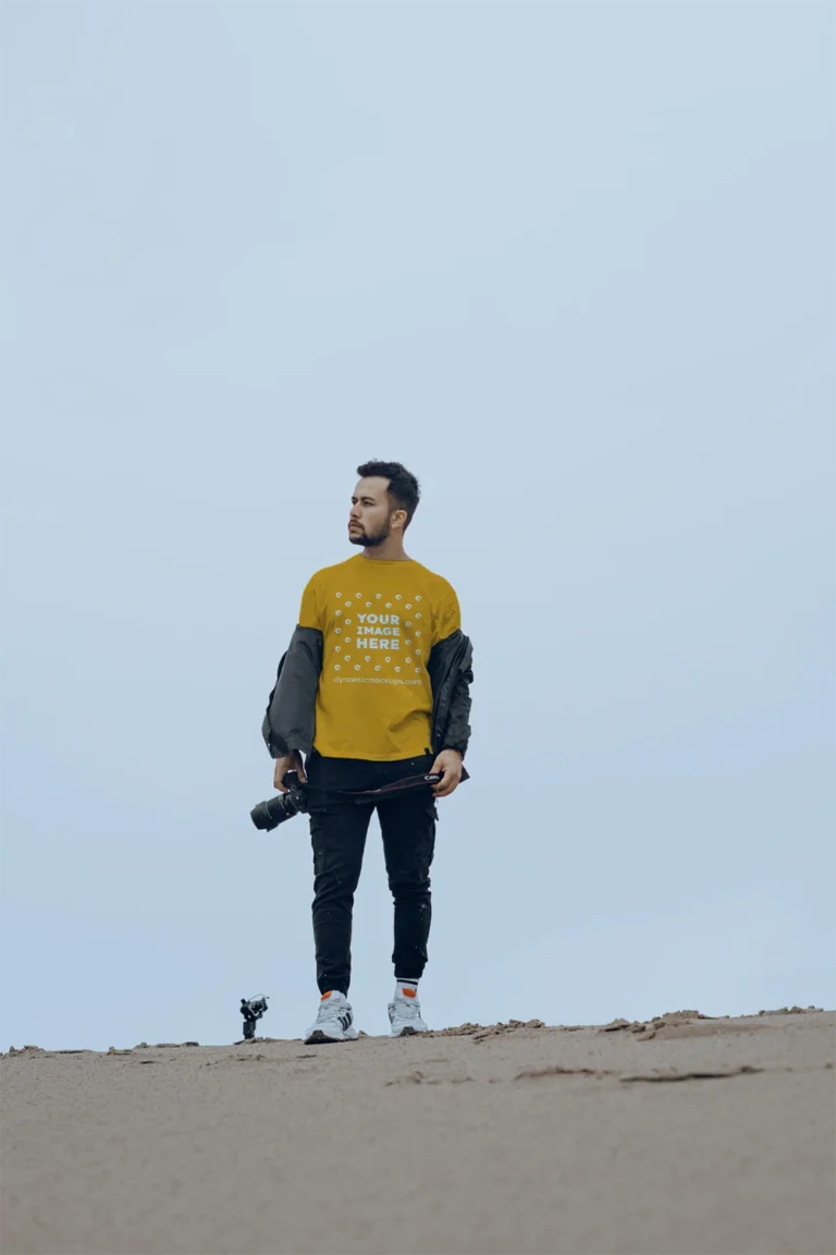 Man Wearing Orange T-shirt Mockup Front View Template