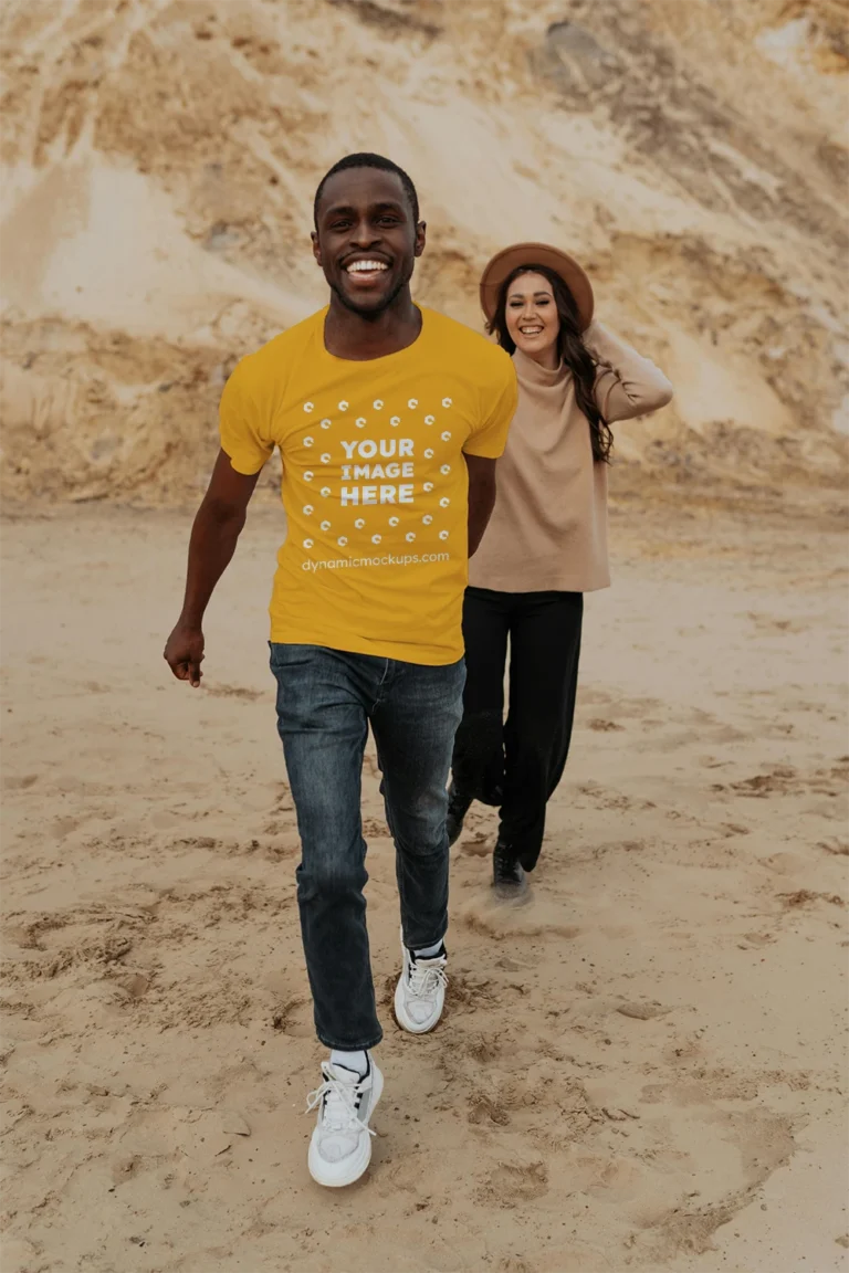 Man Wearing Orange T-shirt Mockup Front View Template