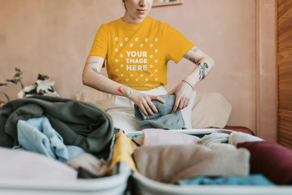 Man Wearing Orange T-shirt Mockup Front View Template