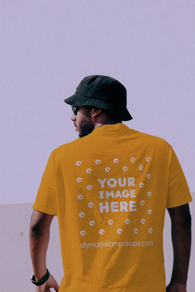 Man Wearing Orange T-shirt Mockup Back View Template