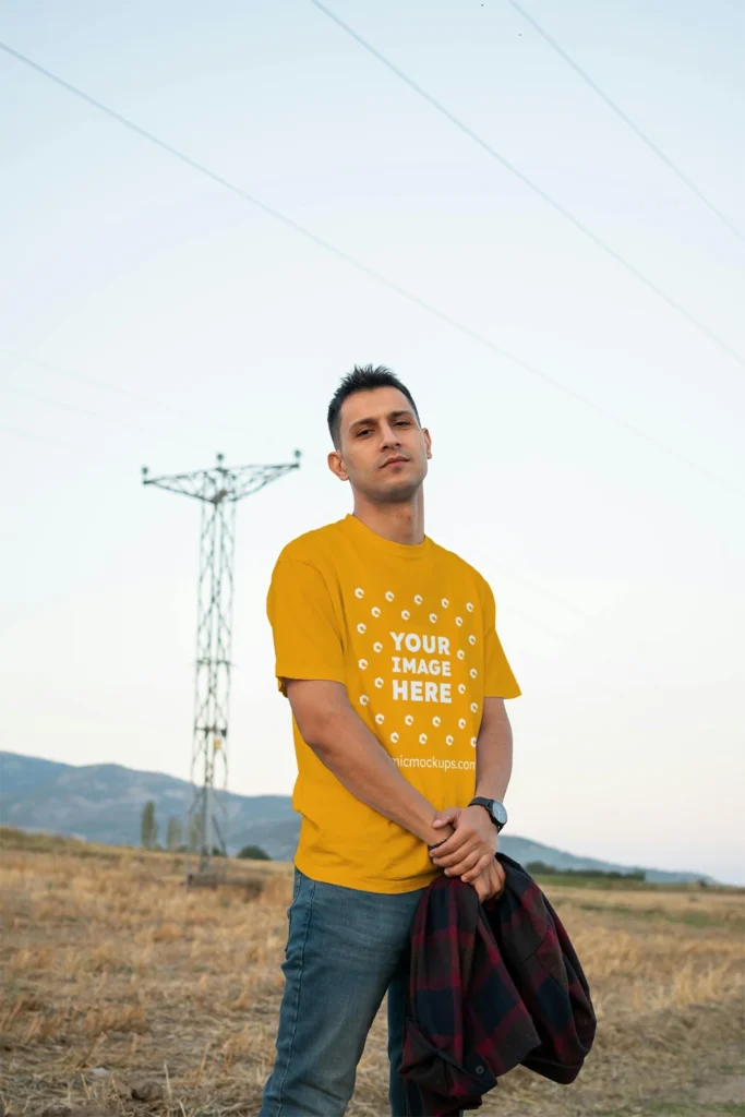 Man Wearing Orange T-shirt Mockup Front View Template