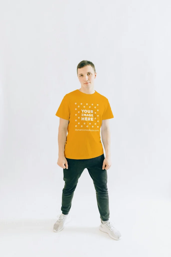 Man Wearing Orange T-shirt Mockup Front View Template