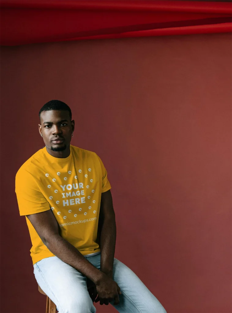 Man Wearing Orange T-shirt Mockup Front View Template