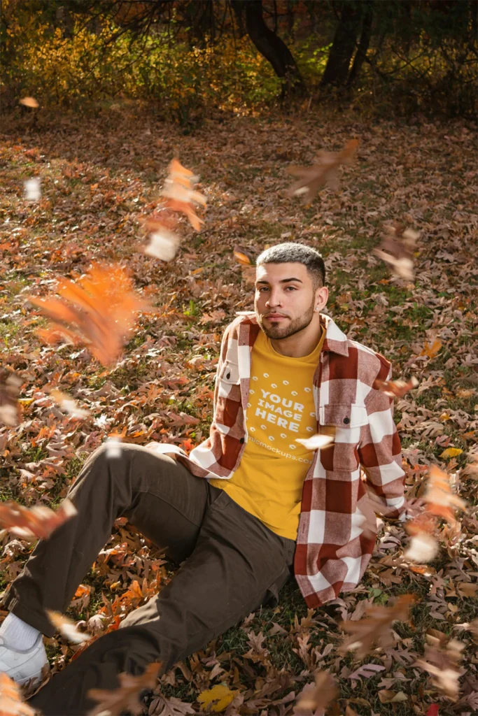 Man Wearing Orange T-shirt Mockup Front View Template