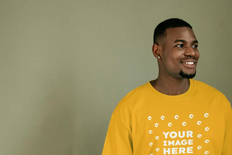 Man Wearing Orange T-shirt Mockup Front View Template