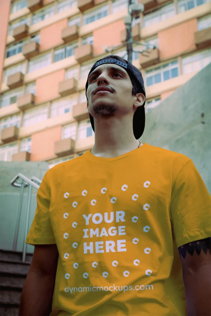 Man Wearing Orange T-shirt Mockup Front View Template