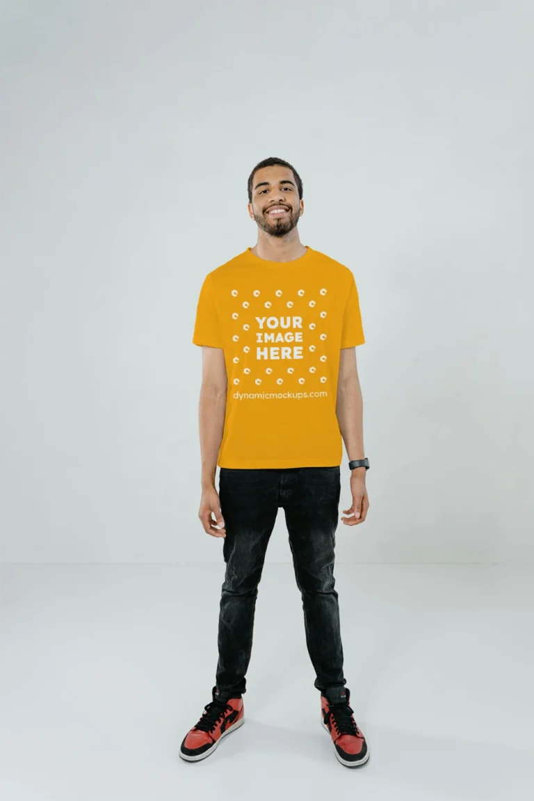 Man Wearing Orange T-shirt Mockup Front View Template