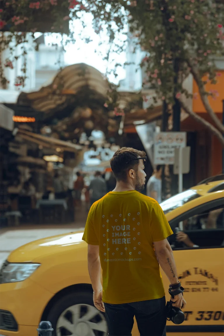 Man Wearing Orange T-shirt Mockup Back View Template