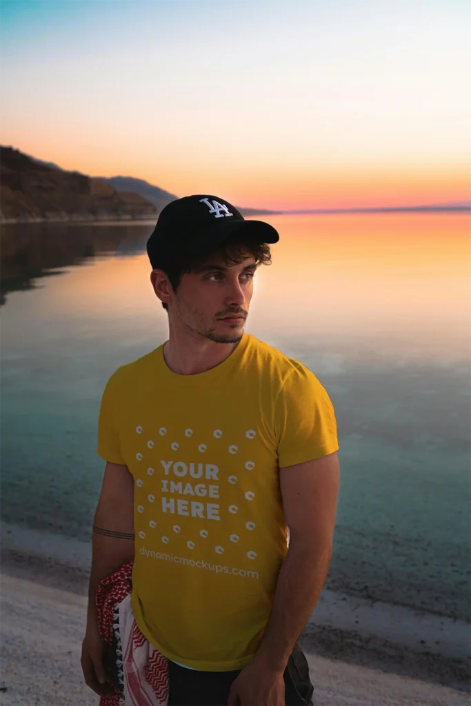 Man Wearing Orange T-shirt Mockup Front View Template