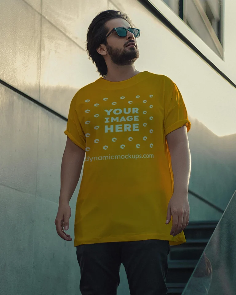 Man Wearing Orange T-shirt Mockup Front View Template