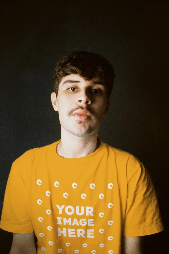 Man Wearing Orange T-shirt Mockup Front View Template