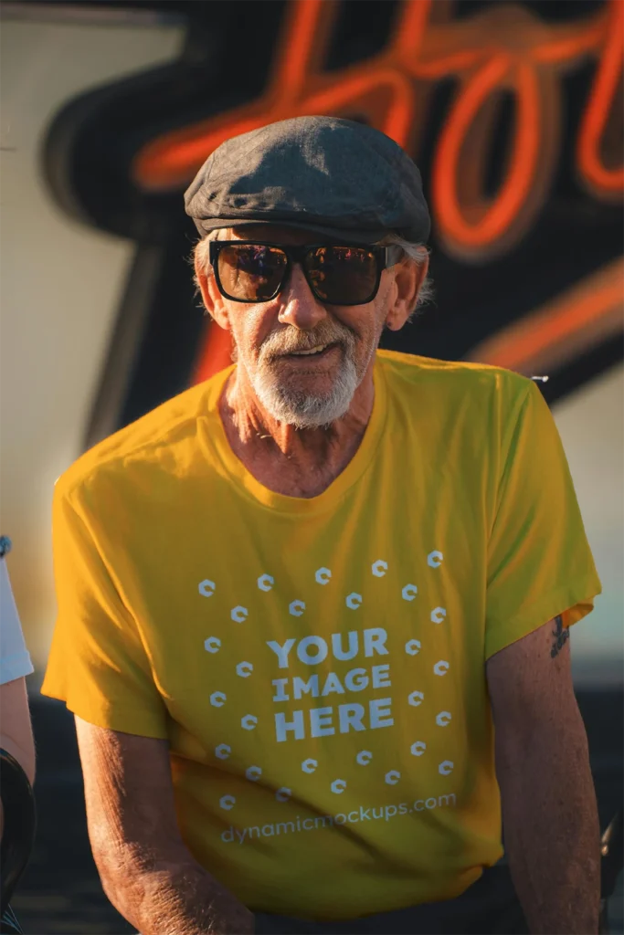 Man Wearing Orange T-shirt Mockup Front View Template