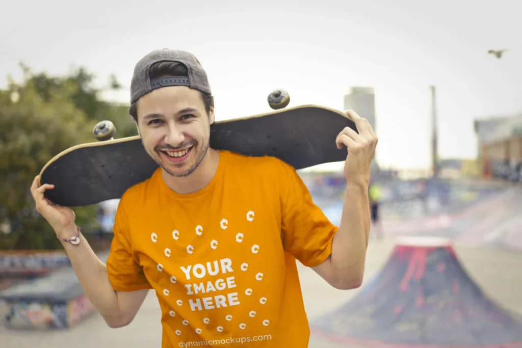 Man Wearing Orange T-shirt Mockup Front View Template