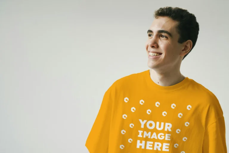 Man Wearing Orange T-shirt Mockup Front View Template