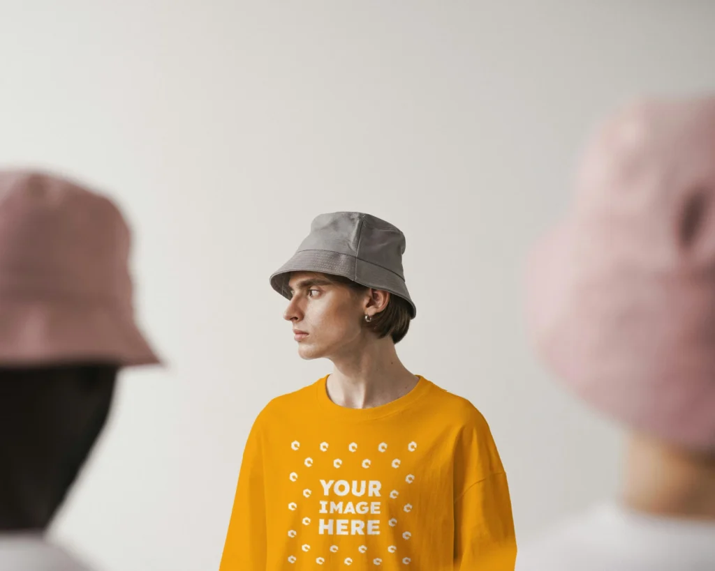 Man Wearing Orange T-shirt Mockup Front View Template