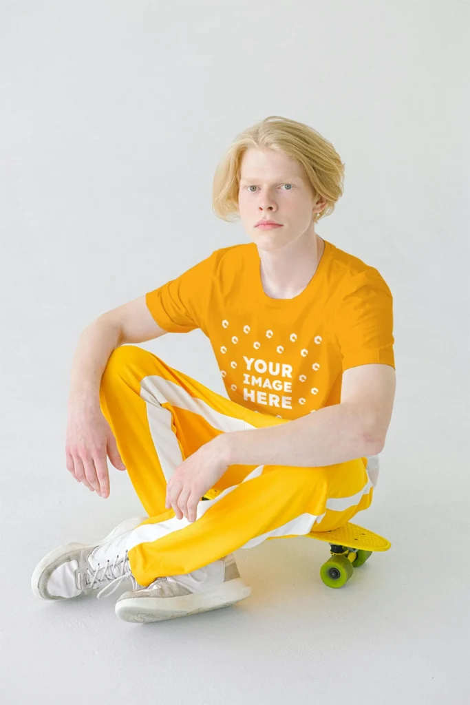 Man Wearing Orange T-shirt Mockup Front View Template