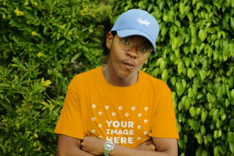 Man Wearing Orange T-shirt Mockup Front View Template