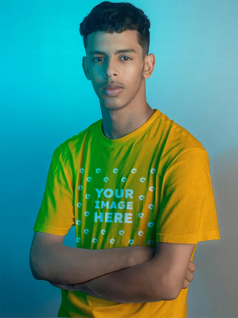 Man Wearing Orange T-shirt Mockup Front View Template