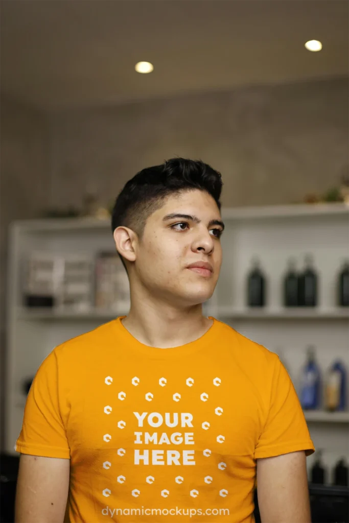 Man Wearing Orange T-shirt Mockup Front View Template