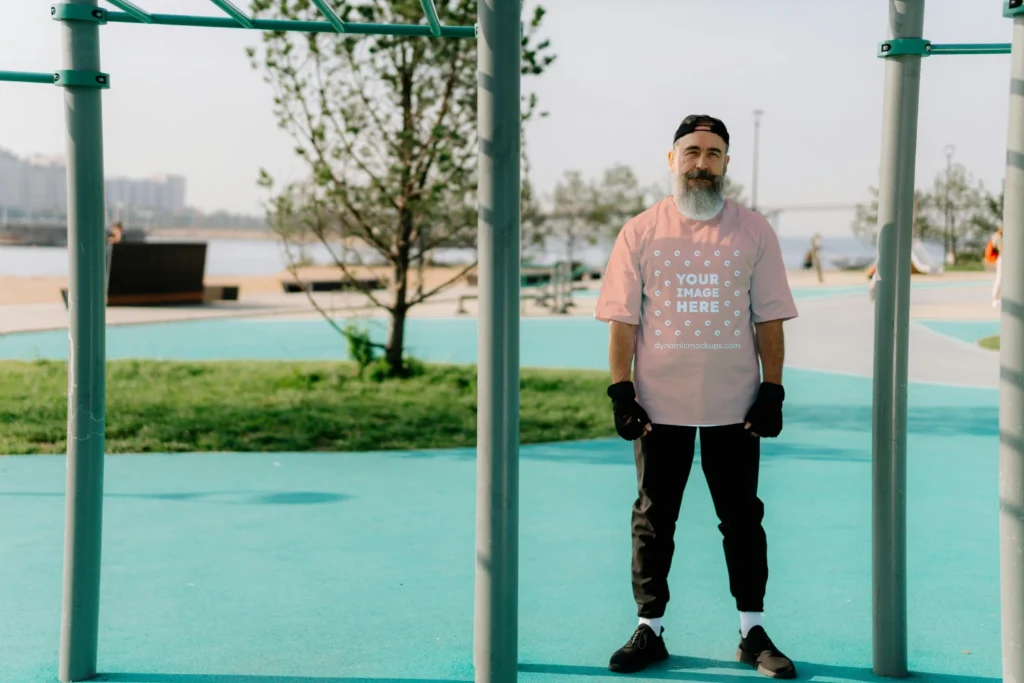 Man Wearing Peach T-shirt Mockup Front View Template