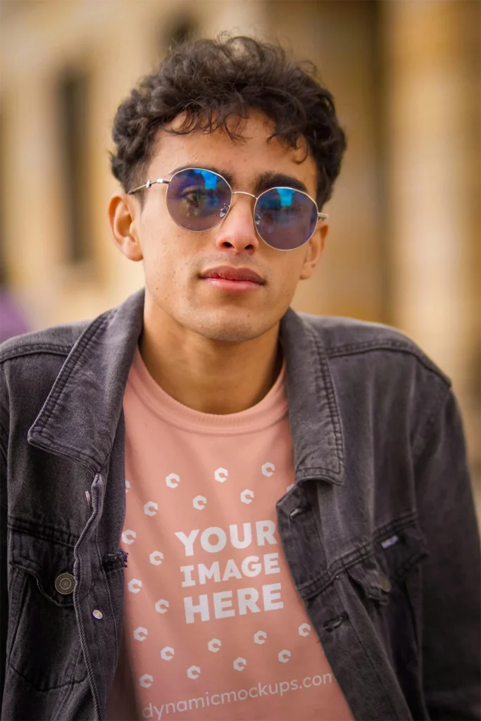 Man Wearing Peach T-shirt Mockup Front View Template