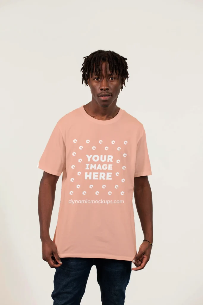 Man Wearing Peach T-shirt Mockup Front View Template