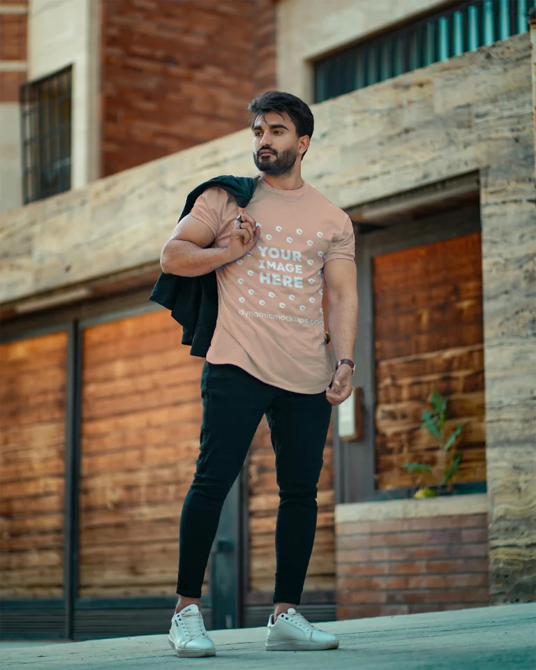 Man Wearing Peach T-shirt Mockup Front View Template