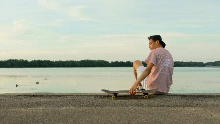 Man Wearing Peach T-shirt Mockup Front View Template