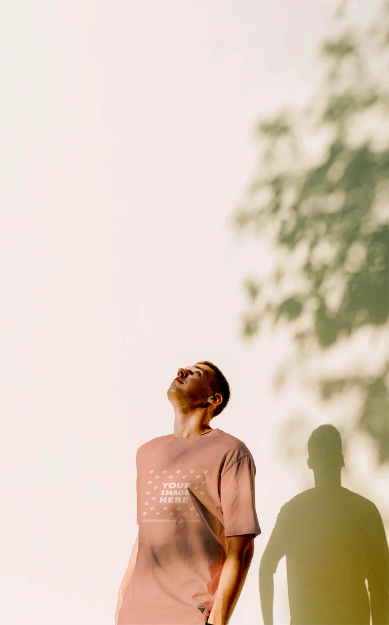 Man Wearing Peach T-shirt Mockup Front View Template