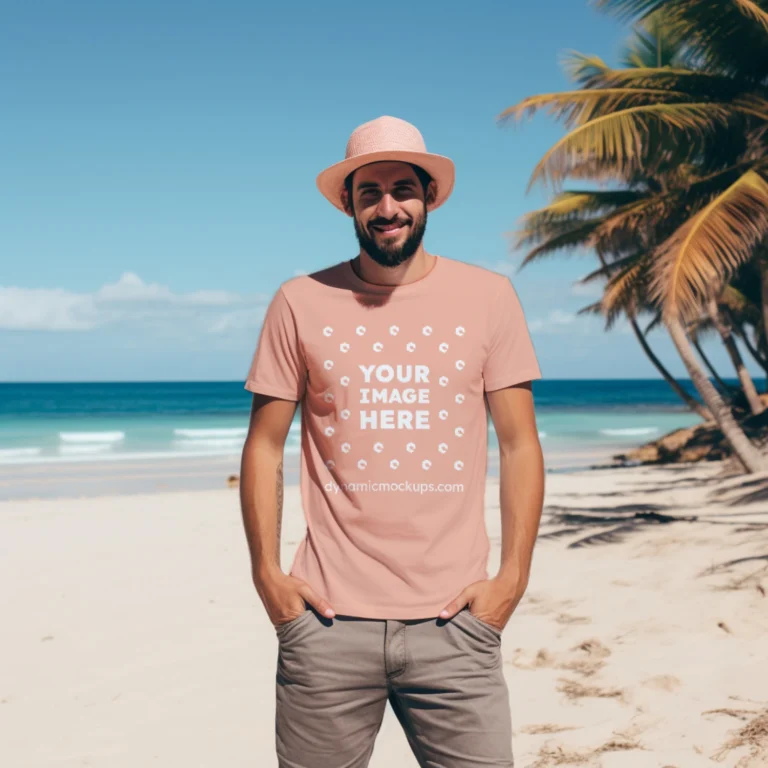 Man Wearing Peach T-shirt Mockup Front View Template