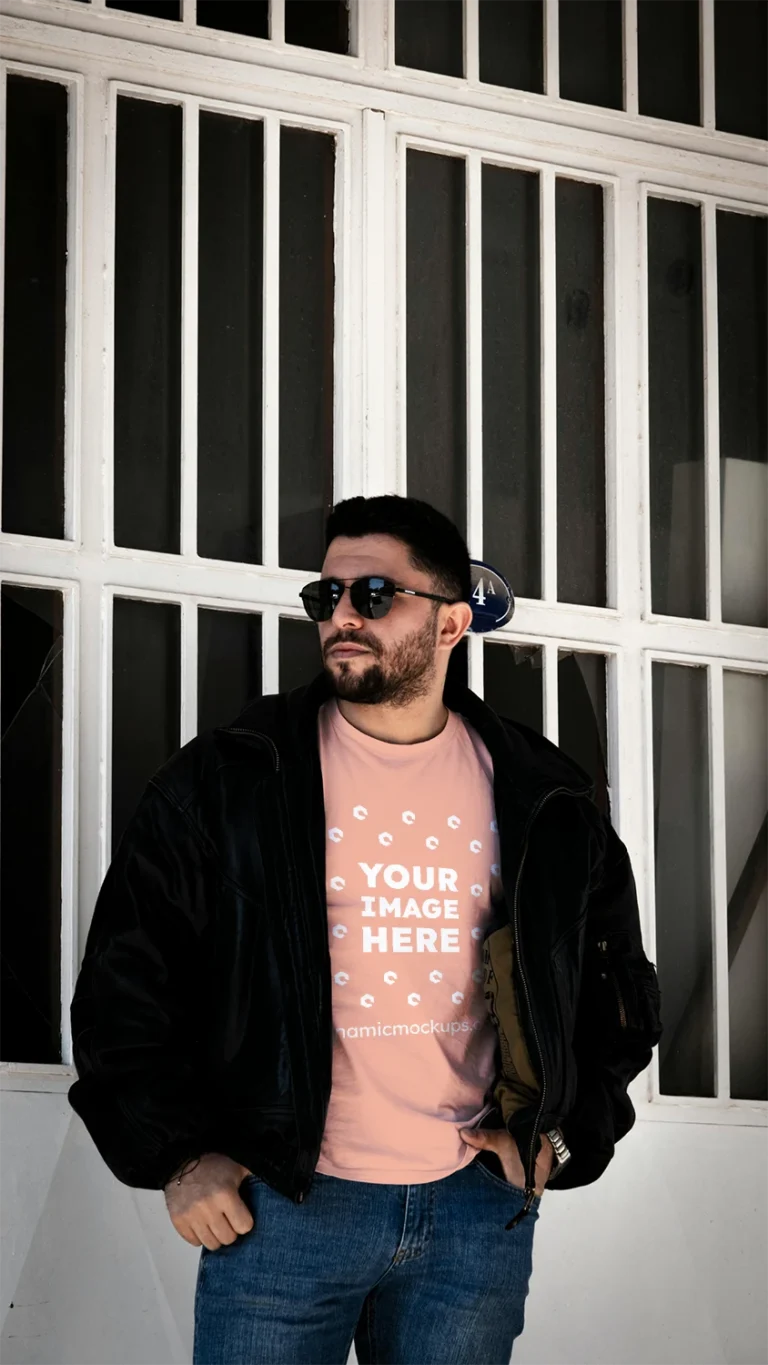 Man Wearing Peach T-shirt Mockup Front View Template