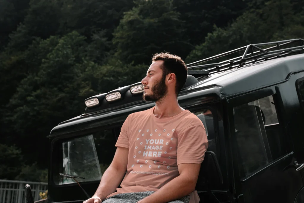 Man Wearing Peach T-shirt Mockup Front View Template