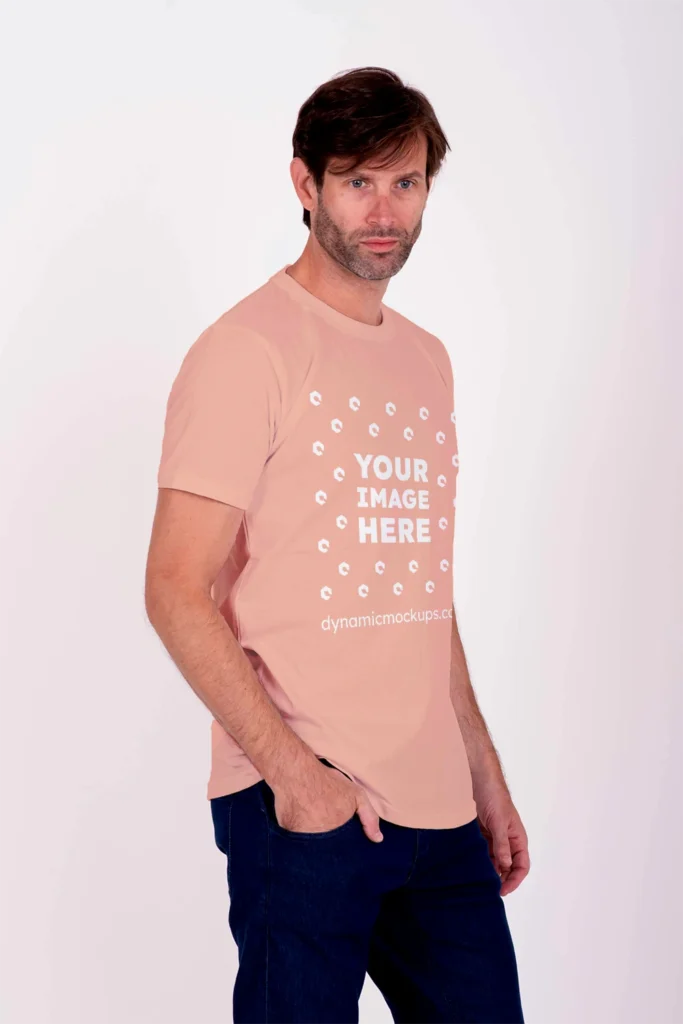 Man Wearing Peach T-shirt Mockup Side View Template