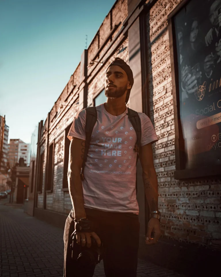 Man Wearing Peach T-shirt Mockup Front View Template