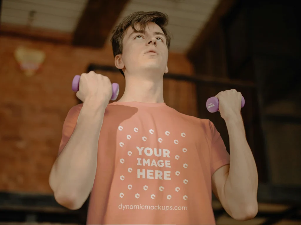 Man Wearing Peach T-shirt Mockup Front View Template