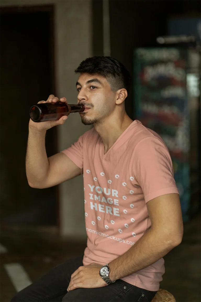 Man Wearing Peach T-shirt Mockup Side View Template